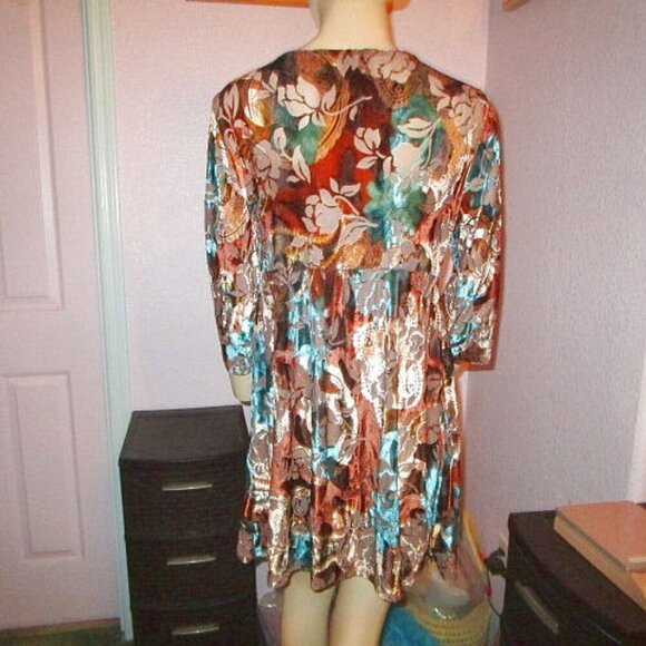MECHANT Burnout VELVET Blouse Size L TOP Tunic 3/4 SLEEVES Asymmetrical FLOWY - Picture 7 of 11